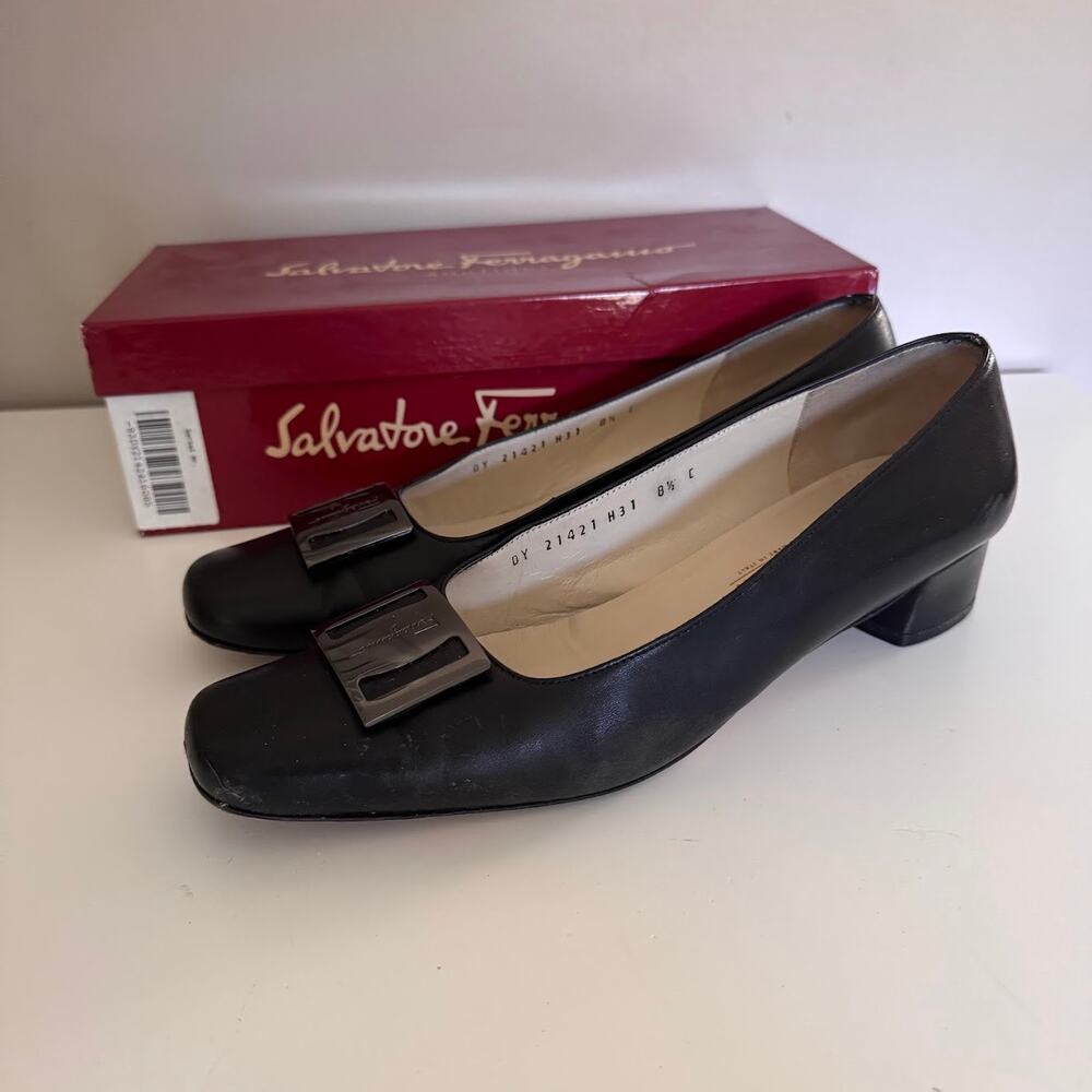 Salvatore Ferragamo Black Leather Nero Nappa Kid Pump Block Heels Italy 8.5